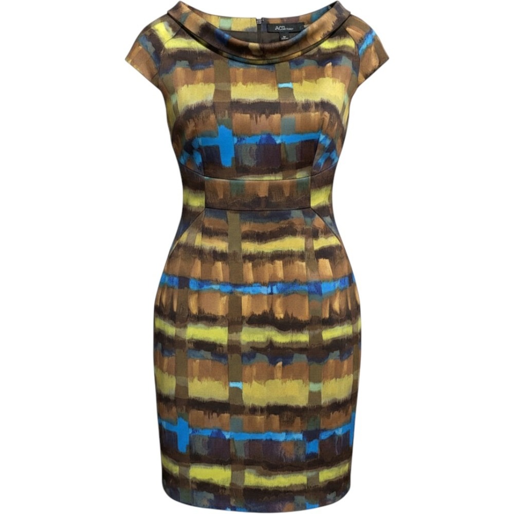 (A9) AGB Dress Womens 6 Blue Brown Lime Abstract Cowl Neck Sheath Cap Sleeve